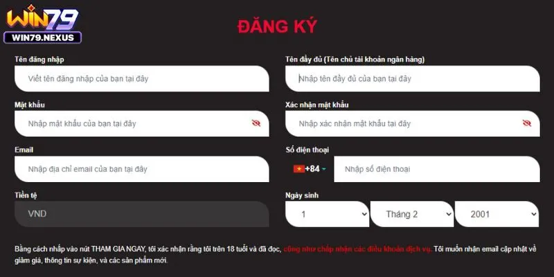 Người chơi đăng ký Win79 cần điền đầy đủ thông tin theo yêu cầu của nhà cái